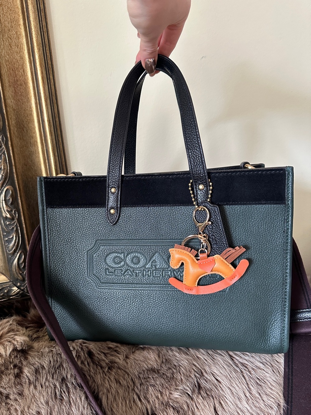 Coach Field Tote 30 in Dark Green and Black Colorblock with Orange Horse Charm